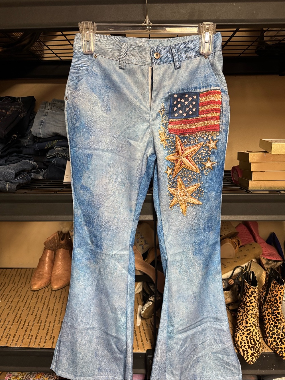SHEIN Blue Washed Wide Leg Jeans with American Flag & Star Embellishments